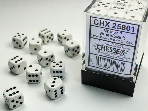 Chessex Opaque 12mm d6 with pips Dice Blocks (36 Dice) - White w/black - зарчета
