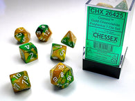 Chessex Gemini Polyhedral 7-Die Set - Gold-Green with white - зарчета