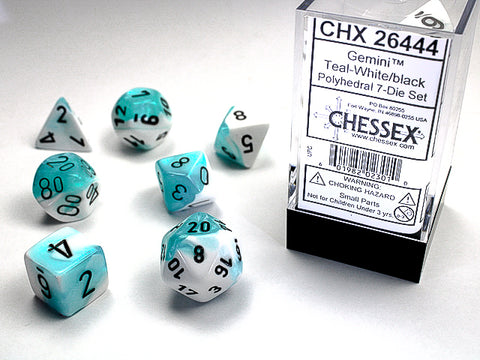 Chessex Gemini Polyhedral 7-Die Set - Teal-White with black - зарчета